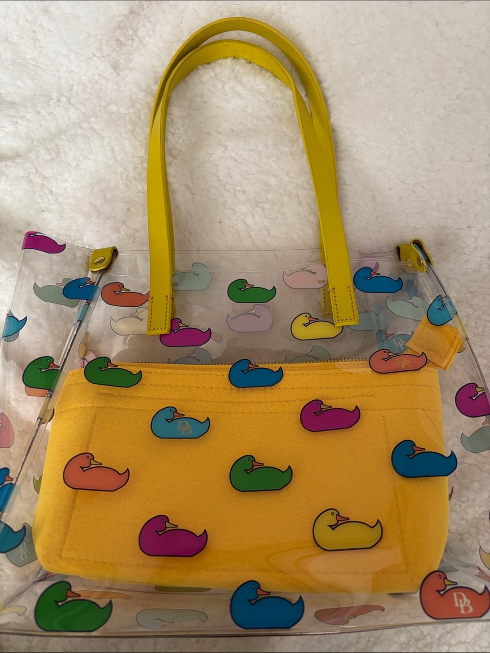Dooney & Bourke Clear Tote with Yellow Handles and Multicolor Duck Print - Picture 3 of 11